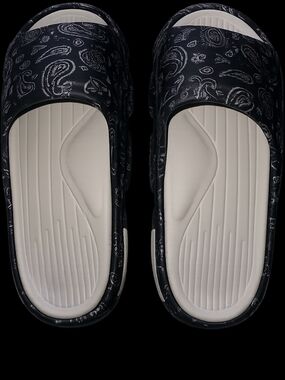 Black Paisley Slide Sandals with Cream Footbed